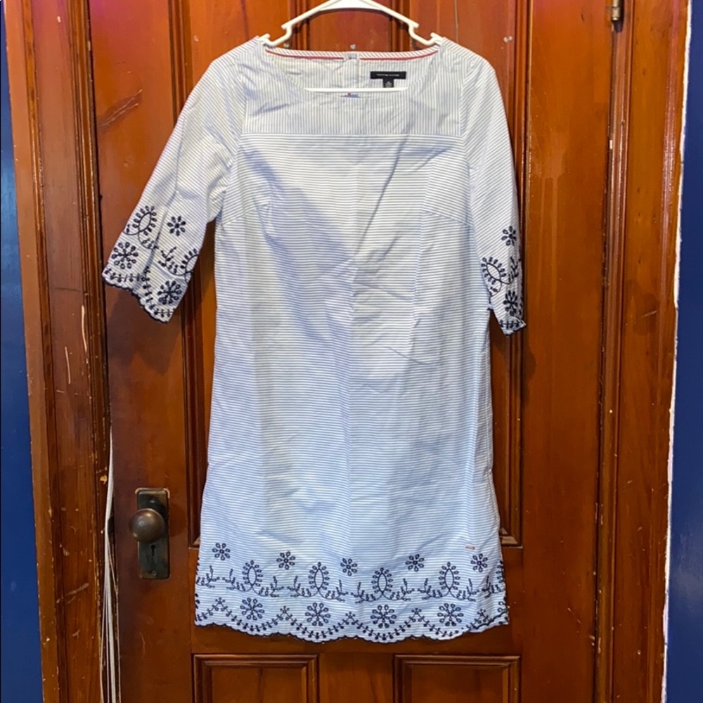 Light blue and white stripped dress with prints